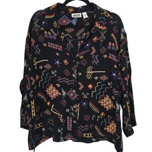 Vintage Chicos Shirt Womens 1. Black Folk Art Print Embroidered Blouse Pocket